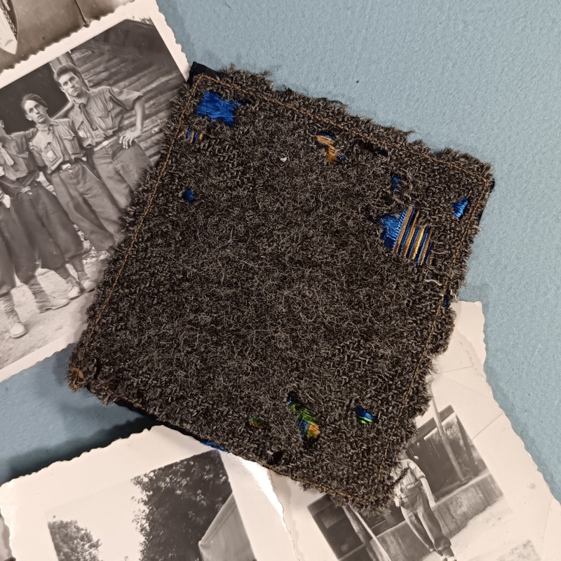 LOT DE PLUS DE 50 PETITES PHOTOS DES ANNEES 1940 A 1945 DES CJF CHANTIERS DE JEUNESSE AVEC UN INSIGNE TISSU